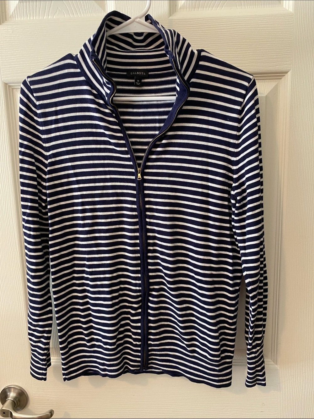 Talbots Navy and White Striped Zip Cardigan with Stand Collar